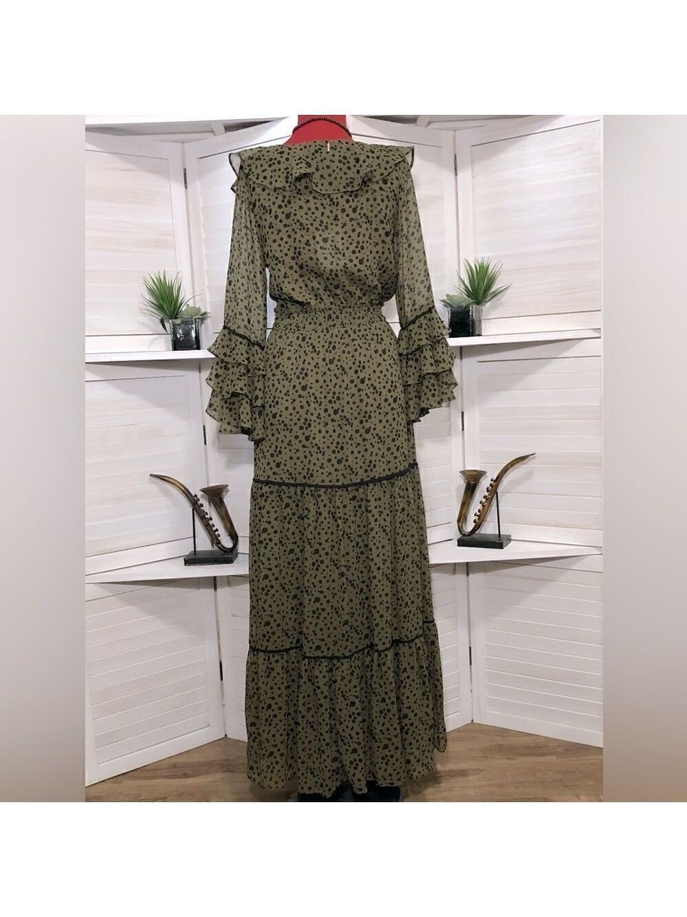 Misa LosAngeles Dress chiffon Green Dot Ruffle whimsigoth fairy festival boho XS - Picture 3 of 8